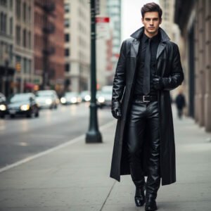 Slim Fit Black Leather Trench Coat for Men
