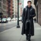 Slim Fit Black Leather Trench Coat for Men
