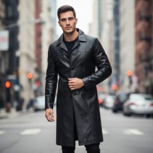 Men's Black Leather Long Trench Coat 100% Pure Sheepskin Wind Breaker OverCoat - Image 1