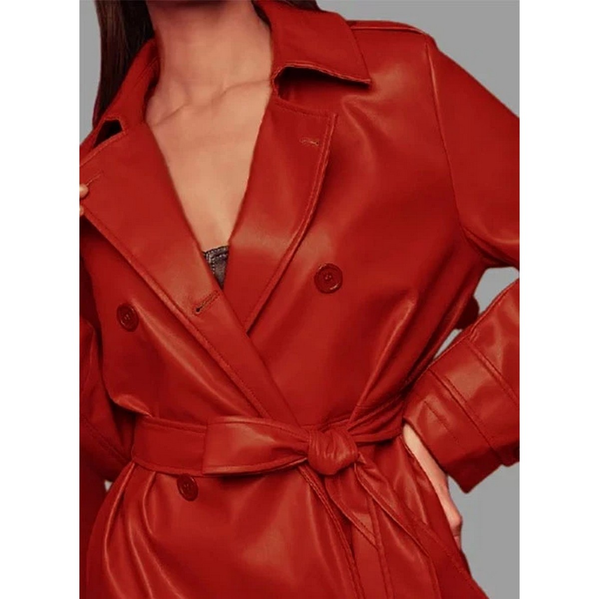 Red Leather Trench Coat for Women