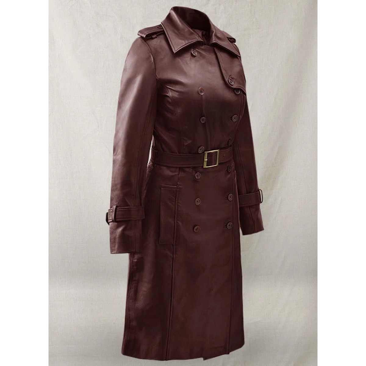 Burgundy Leather Trench Coat for Women