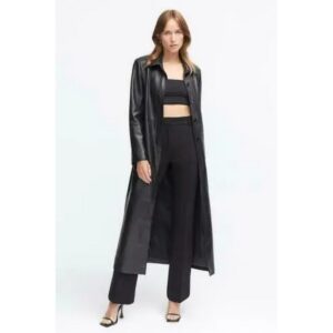 Black Leather Trench Coat for Women