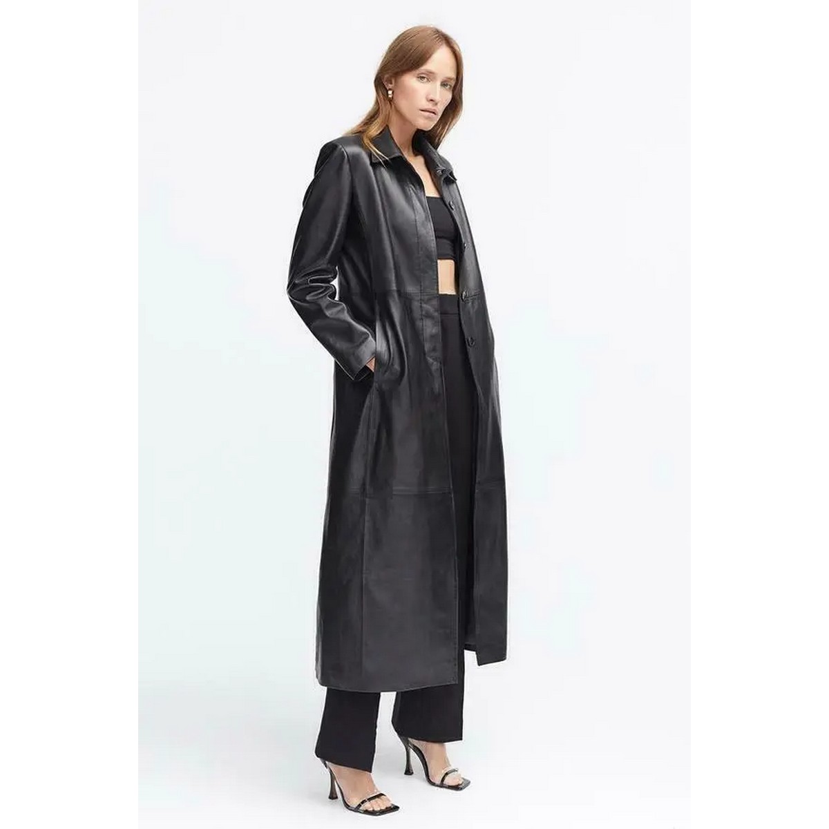 Black Leather Trench Coat for Women