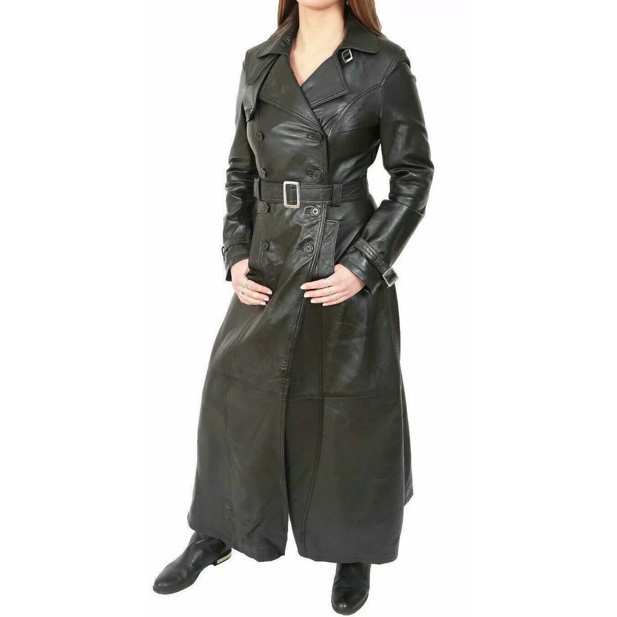 Black Leather Trench Coat for Women