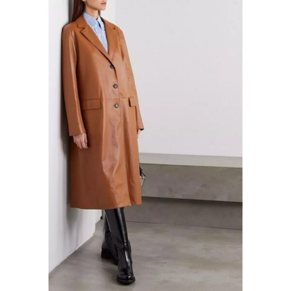 Dark Tan Leather Trench Coat for Women