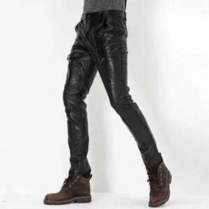 Men's Black Genuine Lambskin Real Leather Jeans Stylish Biker Overalls Men Leather Pant Pant - Image 4
