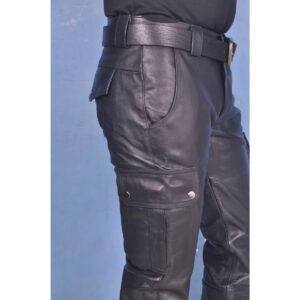 Men's Black Genuine Lambskin Real 100% Premium Leather Cargo Style Leather Pant Men Leather Cargo Pant - Image 4