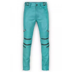 Trendy Men's Turquoise Blue Genuine Lambskin Real 100% Premium Leather Pant - Image 1