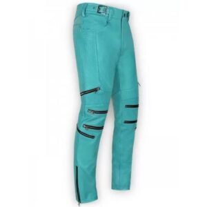 Trendy Men's Turquoise Blue Genuine Lambskin Real 100% Premium Leather Pant - Image 2