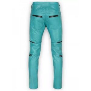 Trendy Men's Turquoise Blue Genuine Lambskin Real 100% Premium Leather Pant - Image 3