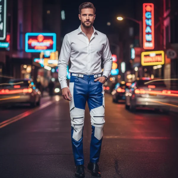 Blue Leather Pant For Men - Electric Zipper
