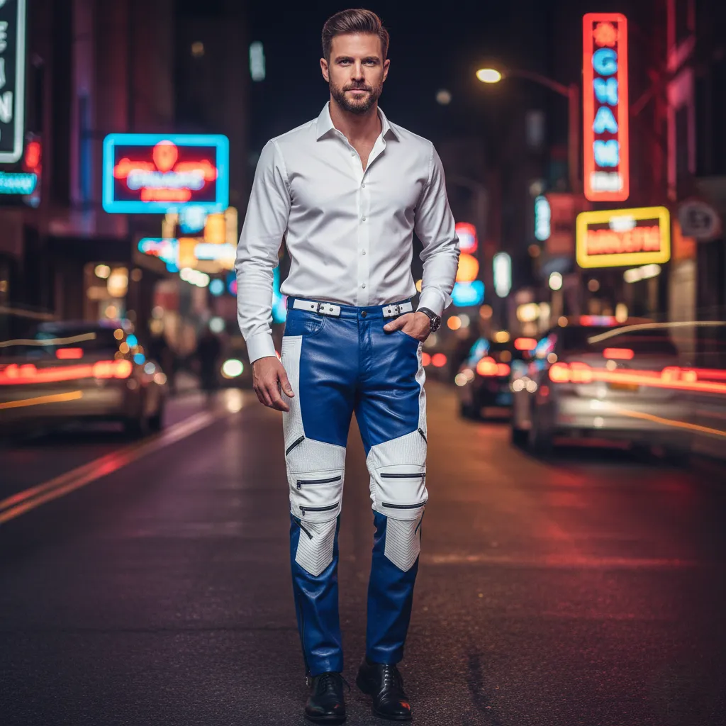 Blue Leather Pant For Men - Electric Zipper