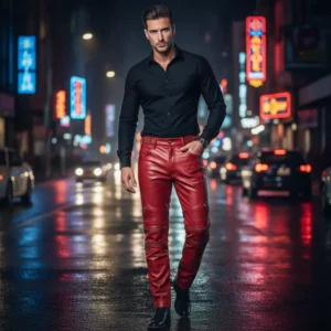 CHERRY RED Leather Pant For Men's Genuine Soft PURE Leather ELECTRIC ZIPPER LEATHER PANTS - Image 1