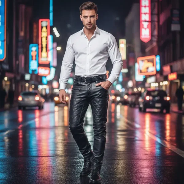 Slim Fit Black Leather Pant for Men
