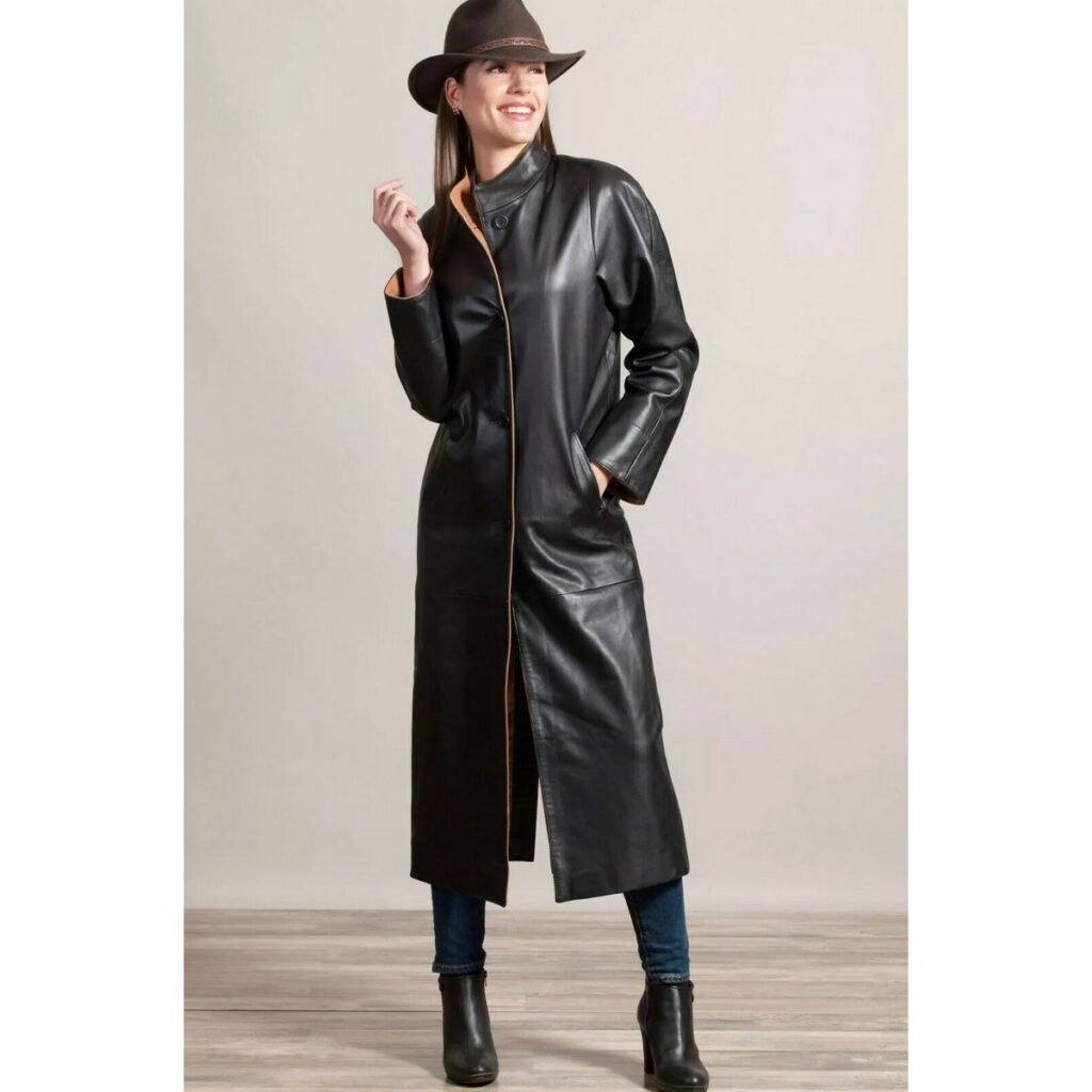 Women's Black Leather Trench Long Coat Genuine Soft Lambskin