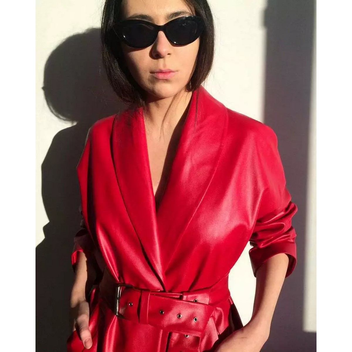 Red Leather Trench Coat for Women