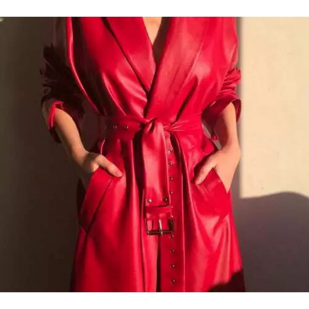 Red Leather Trench Coat for Women