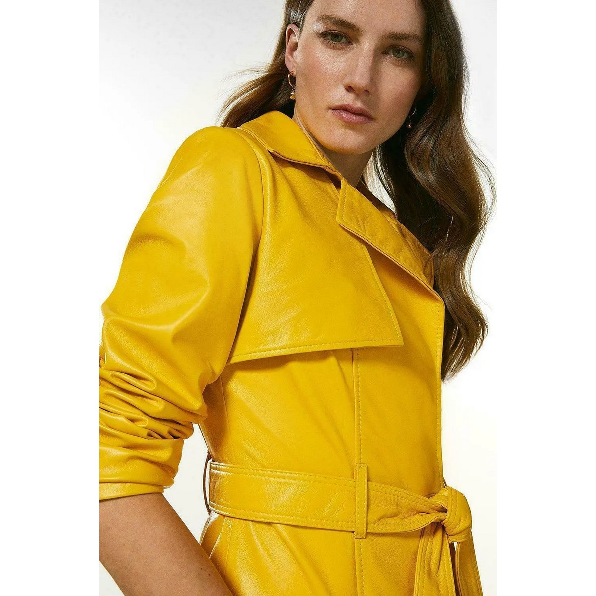 Yellow Leather Trench Coat for Women