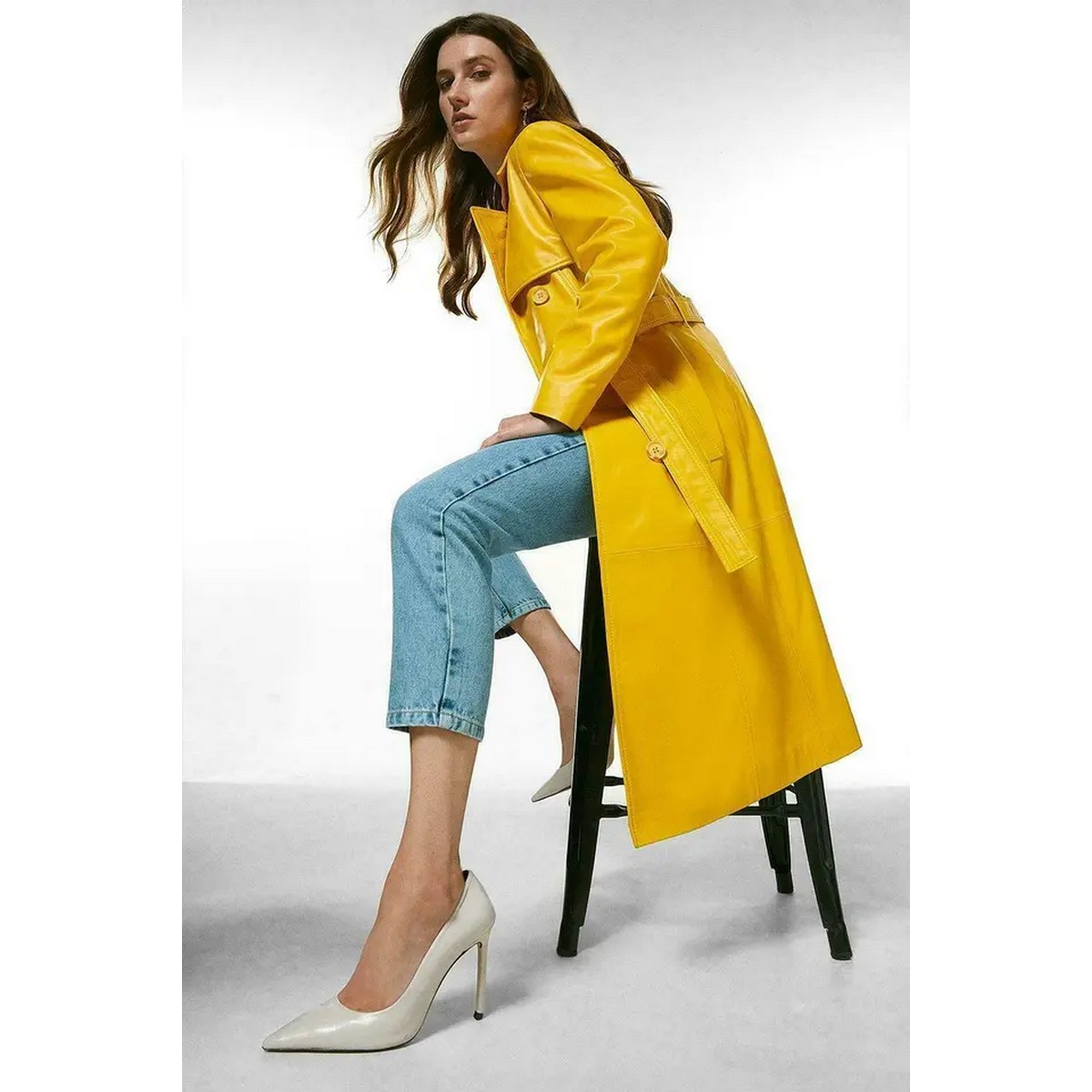 Yellow Leather Trench Coat for Women