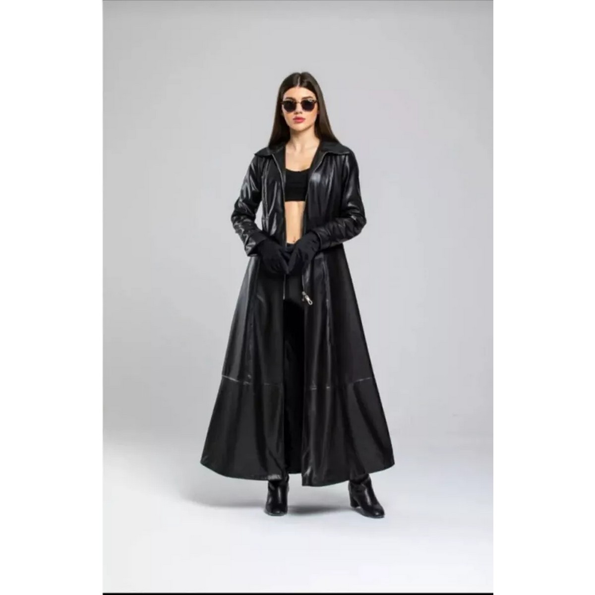 Black Leather Trench Coat for Women