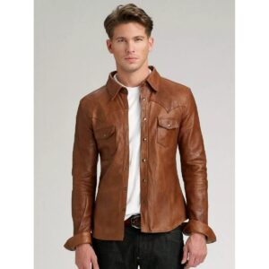 Brown Leather Shirt for Men Genuine Real Lambskin Leather Shirt - Image 1