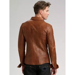 Brown Leather Shirt for Men Genuine Real Lambskin Leather Shirt - Image 2