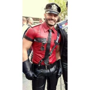 Men's Leather Shirt Short Sleeve Police Style Red Lambskin Shirt - Image 1