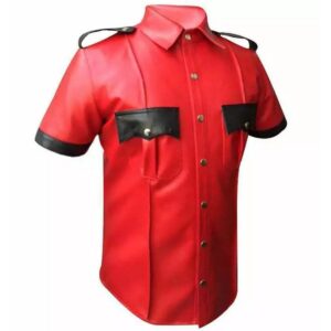 Men's Leather Shirt Short Sleeve Police Style Red Lambskin Shirt - Image 3