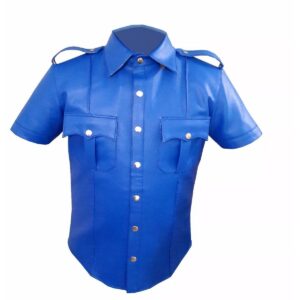 Men's Real Genuine Lambskin Leather Shirt Police Style Blue Leather Shirt - Image 1