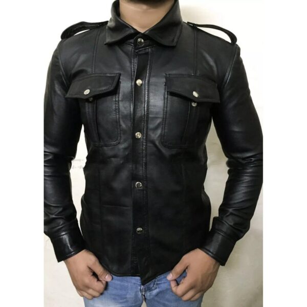 Military Style Black Leather Shirt for Men