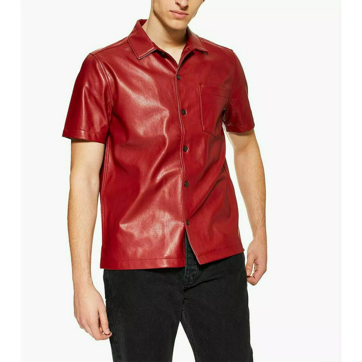 Red Short Sleeve Leather Shirt for Men