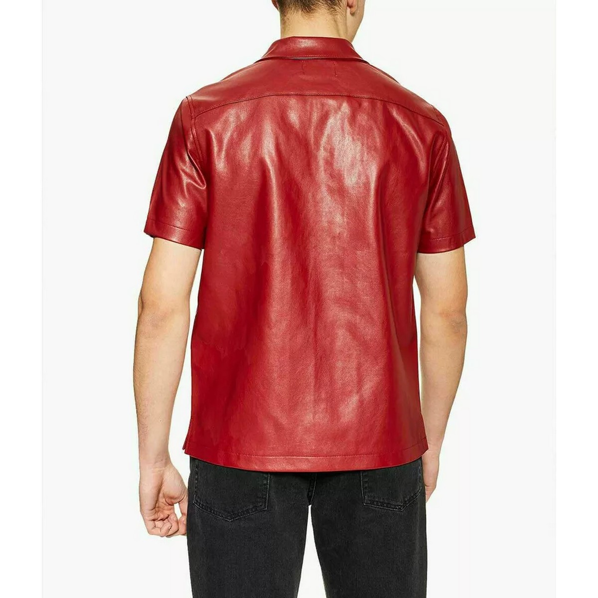 Red Short Sleeve Leather Shirt for Men