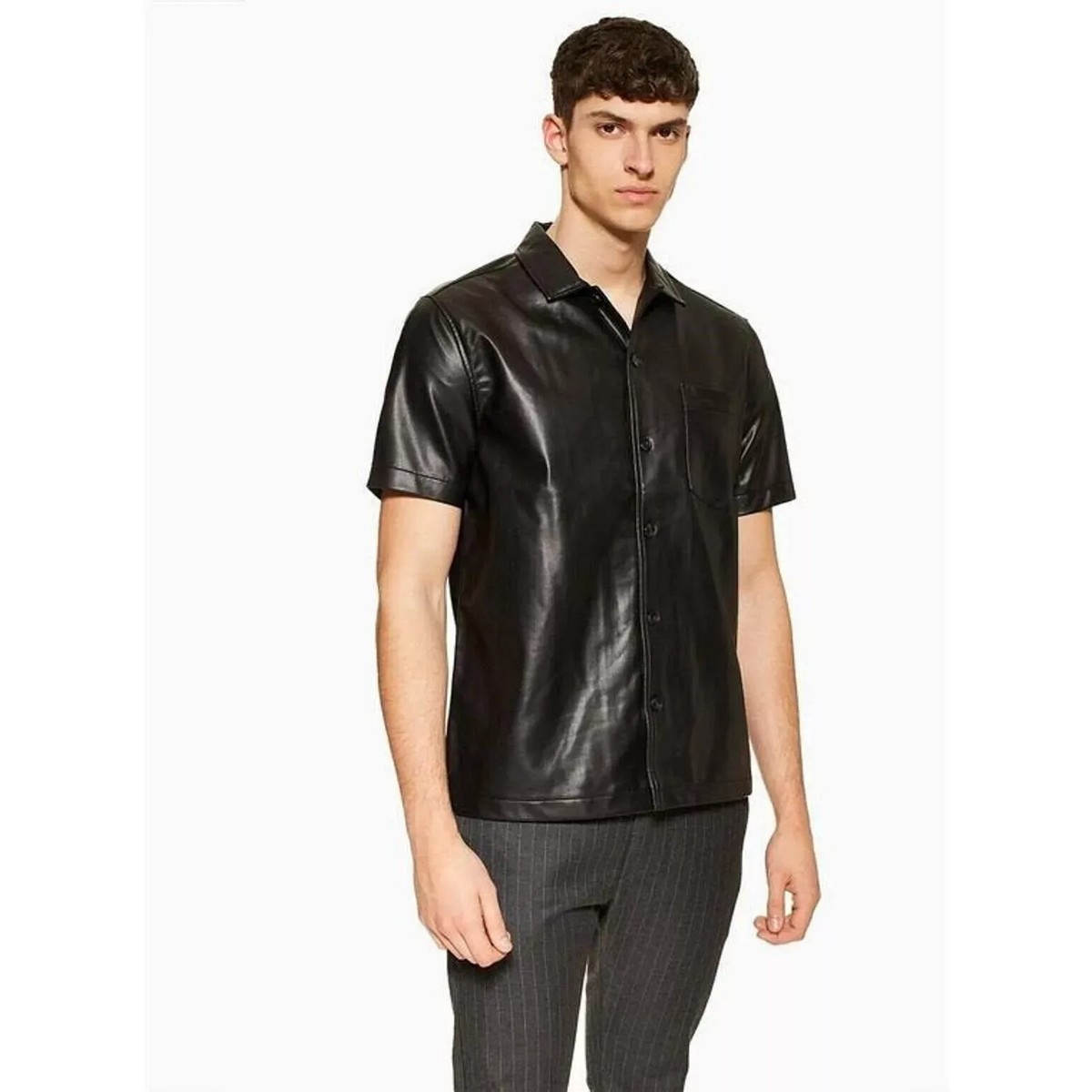 Black Short Sleeve Leather Shirt for Men