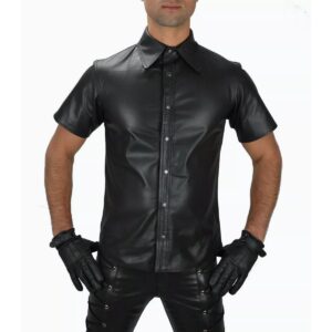 Black Half Sleeve Leather Shirt for Men