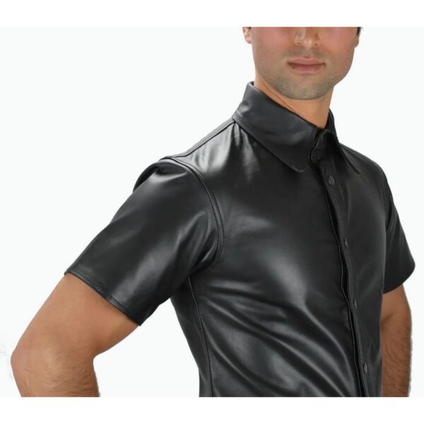 Black Half Sleeve Leather Shirt for Men