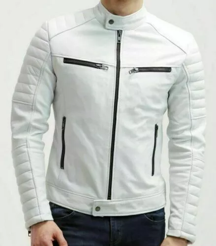 White Leather Biker Jacket for Men