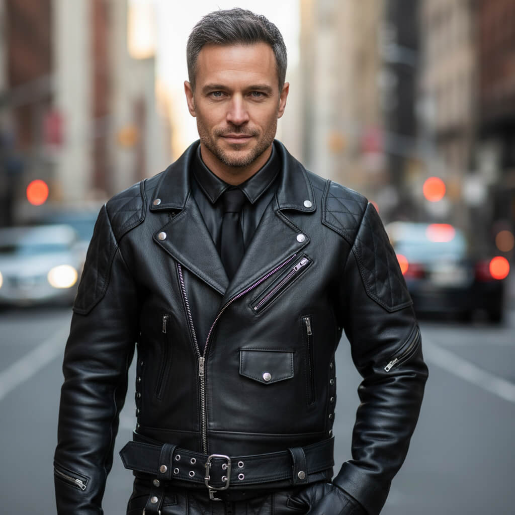 Cafe Racer Belted Black Biker Leather Jacket for Men