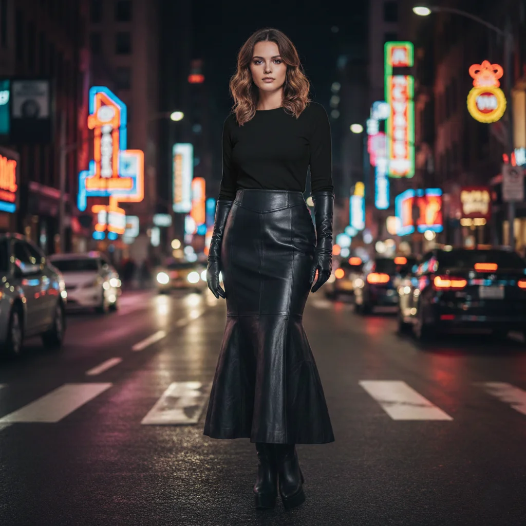 Ankle Length Black Leather Skirt for Women