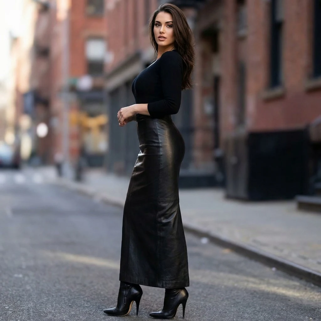 New Ankle Length Black Leather Skirt for Women