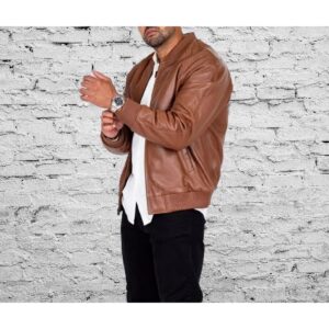 Zafy Leather Tan 100% Sheepskin Leather Bomber Jacket Slim Fit Varsity Style Jacket - Image 2