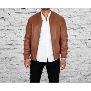 Zafy Leather Tan 100% Sheepskin Leather Bomber Jacket Slim Fit Varsity Style Jacket - Image 1