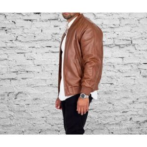 Zafy Leather Tan 100% Sheepskin Leather Bomber Jacket Slim Fit Varsity Style Jacket - Image 3