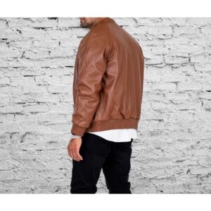 Zafy Leather Tan 100% Sheepskin Leather Bomber Jacket Slim Fit Varsity Style Jacket - Image 4