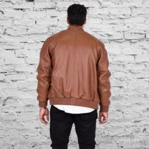 Zafy Leather Tan 100% Sheepskin Leather Bomber Jacket Slim Fit Varsity Style Jacket - Image 5