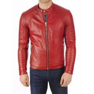 Zafy Leather Red Leather Quilted Biker Motorcycle Slim Fit Stylish Causal Outwear Jacket - Image 1
