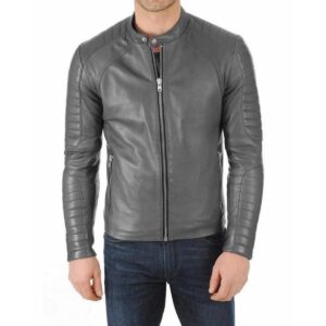 Zafy Leather Men's Gray Leather Jacket Biker Motorcycle Slim Fit Stylish Jacket - Image 1