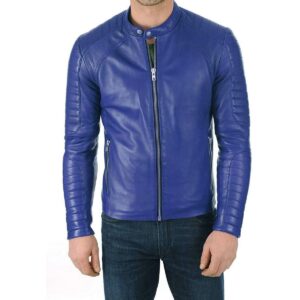 Zafy Leather New Blue Men's Leather Biker Jacket Pure Sheepskin Celebrity Leather Jacket - Image 1