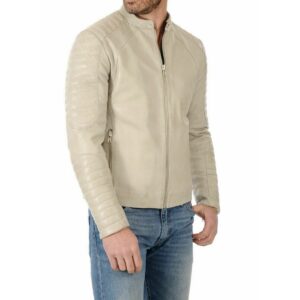 Zafy Leather Biker Motorcycle Jacket For Men's Pure Beige Lambskin Leather Jacket - Image 1