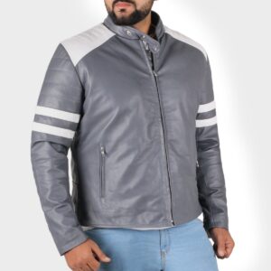 Zafy Leather Gray Men's Genuine Lambskin Leather Jacket Biker Racer Jacket - Image 1