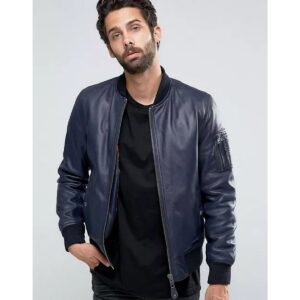 Zafy Leather Men's Blue Leather Bomber Jacket Pure Sheepskin Flight/Bomber Leather Jacket - Image 1